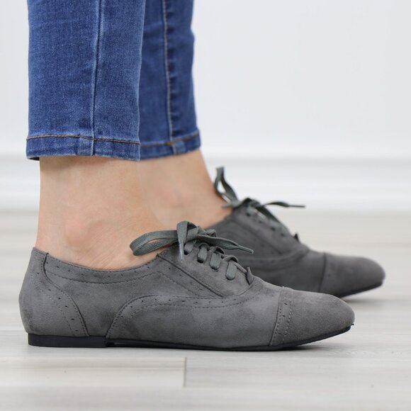 Gray Faux Suede Oxford Lace Up Brogue Detailing Low Heel - Picture 5 of 12